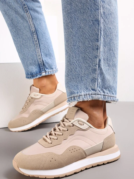 Zdjęcie produktu Ciemnobeżowe Sneakersy Zdobione Wstawkami z Imitacji Skóry Fayela Beżowy