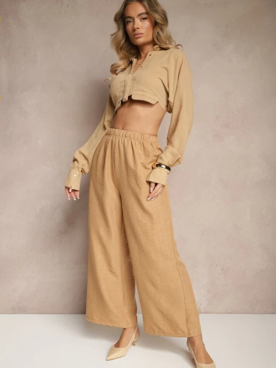 Zdjęcie produktu Ciemnobeżowe Spodnie Typu Palazzo High Waist o Szerokim Kroju Arathira H&s Beżowy