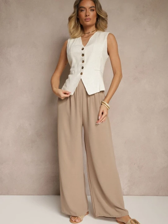 Zdjęcie produktu Ciemnobeżowe Szerokie Spodnie High Waist z Wiązaniem w Talii Reivaritta J&x Beżowy