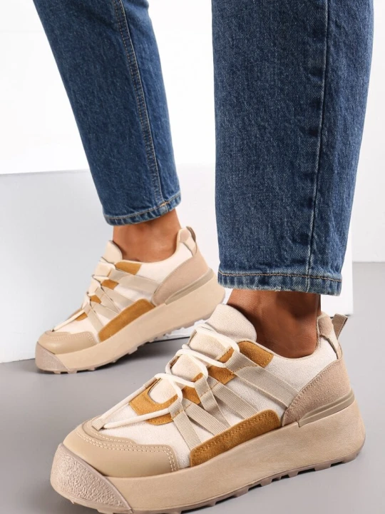 Zdjęcie produktu Ciemnobeżowe Sznurowane Płaskie Sneakersy z Kolorowymi Wstawkami z Ekoskóry Wonise