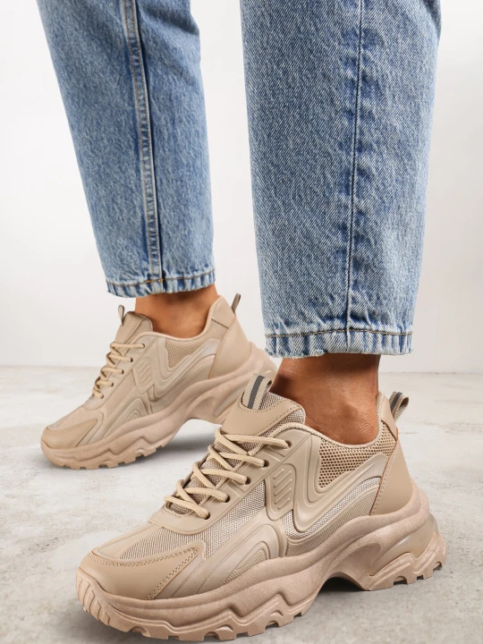 Zdjęcie produktu Ciemnobeżowe Sznurowane Sneakersy na Grubej Podeszwie ze Wstawkami z Siateczki Vleni Vices Beżowy