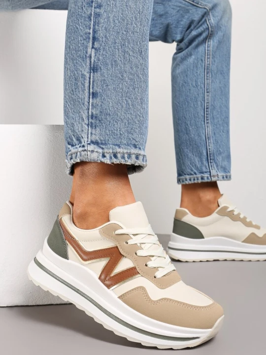 Zdjęcie produktu Ciemnobeżowe Sznurowane Sneakersy z Ekoskóry na Grubej Podeszwie Literna Beżowy