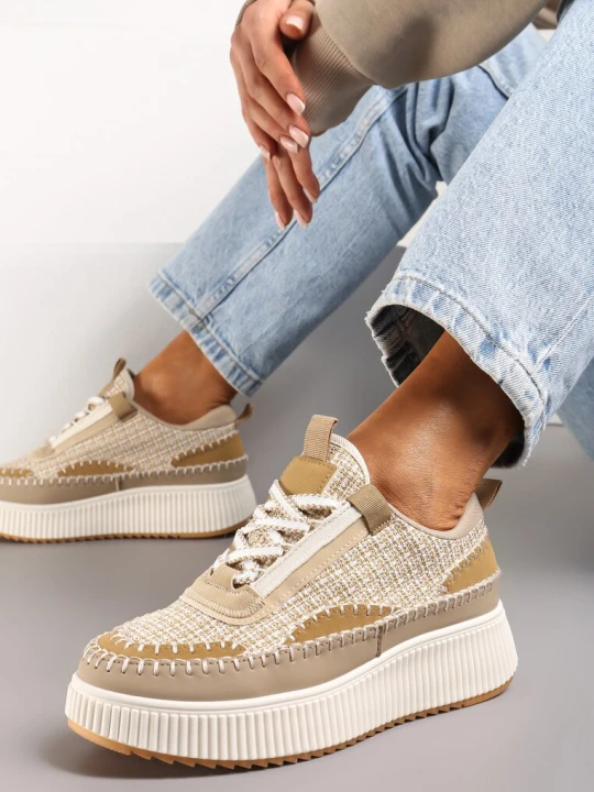 Zdjęcie produktu Ciemnobeżowe Tweedowe Sneakersy na Platformie z Przeszyciem Orilenes Beżowy