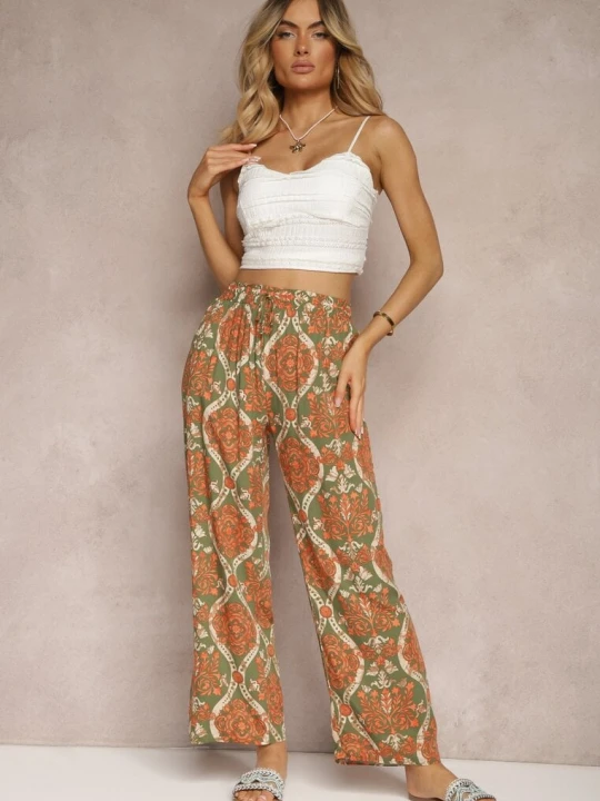 Zdjęcie produktu Ciemnobeżowe Wiskozowe Spodnie Boho High Waist z Szerokimi Nogawkami i Gumką w Talii Tiamarra Cflo Beżowy