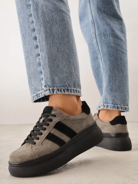 Zdjęcie produktu Ciemnobeżowe Zamszowe Sneakersy Chunky na Platformie Teslara Goodin Beżowy