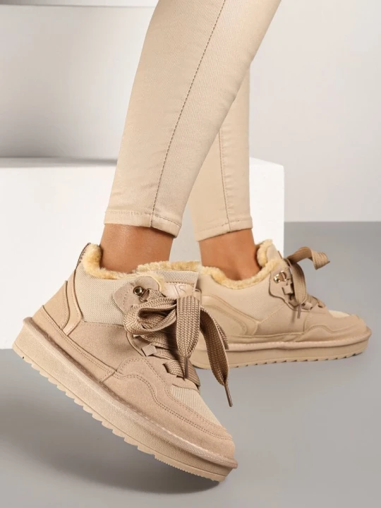 Zdjęcie produktu Ciemnobeżowe Zimowe Sneakersy Vices Stylizowane na Śniegowce z Futerkiem Tennira Beżowy