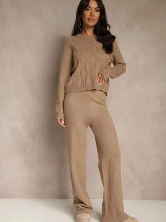 Zdjęcie produktu Ciemnobeżowy Dzianinowy Komplet z Wełną Spodnie Wide Leg i Sweter Cropped Nezera J&x