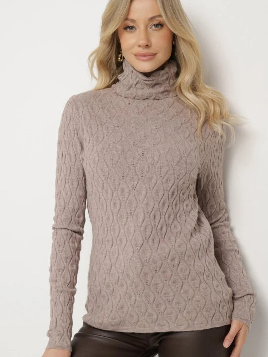 Zdjęcie produktu Ciemnobeżowy Golf z Wiskozą Zdobiony Tłoczonym Wzorem i Metaliczną Nicią Ilamirael Wool Fashion