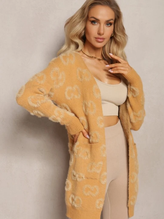 Zdjęcie produktu Ciemnobeżowy Jednolity Kardigan w Cętki Niezapinany Raniwasa Wool Fashion