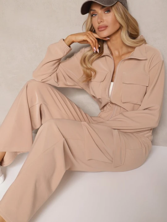 Zdjęcie produktu Ciemnobeżowy Kombinezon w Stylu Utility Taliowany Liarael Defox
