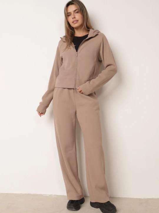 Zdjęcie produktu Ciemnobeżowy Komplet Dresowy z Prążkowanego Materiału Bluza z Kapturem i Spodnie Alatha Swest