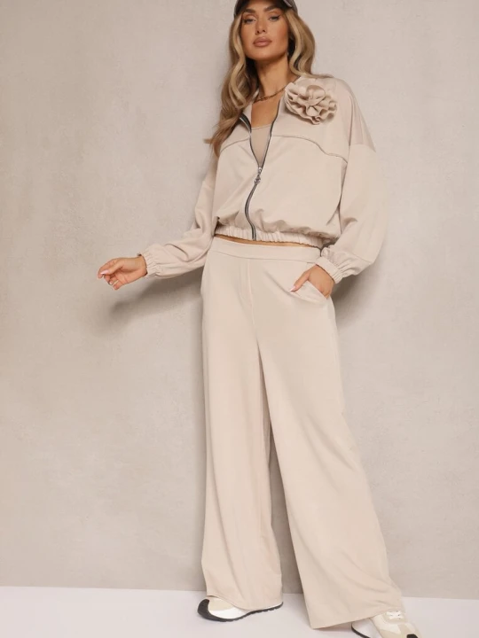Zdjęcie produktu Ciemnobeżowy Komplet Dresowy z Wiskozą Spodnie o Szerokim Kroju i Bluza z Broszką Redaella Pretty