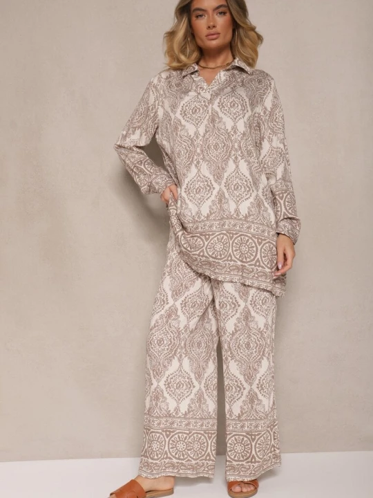 Zdjęcie produktu Ciemnobeżowy Komplet z Wiskozą o Kroju Oversize Koszula i Spodnie Nilarithia M&d Fashion