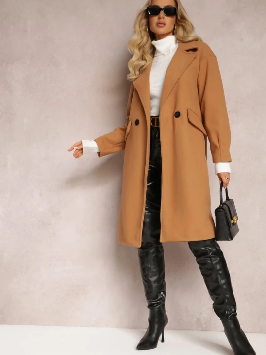Zdjęcie produktu Ciemnobeżowy Płaszcz Dwurzędowy Długi Tadde Tricot Station Brązowy