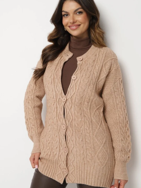 Zdjęcie produktu Ciemnobeżowy Rozpinany Kardigan Ozdobiony Tłoczeniem Melorisse Wool Fashion