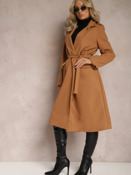 Zdjęcie produktu Ciemnobeżowy Taliowany Płaszcz z Wiązanym Paskiem Seraphique New Collection Brązowy