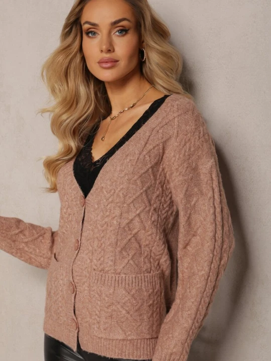 Zdjęcie produktu Ciemnobeżowy Zapinany Kardigan z Trójkątnym Dekoltem i Warkoczykowy Splot Juessa Wool Fashion