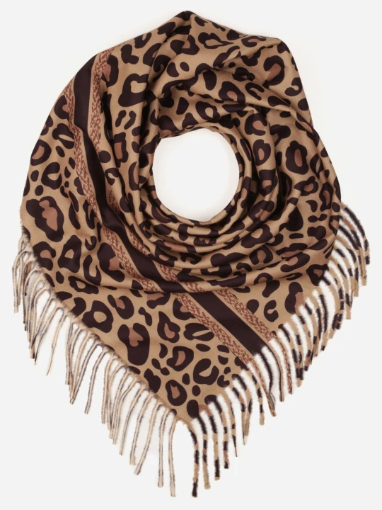 Zdjęcie produktu Ciemnobrązowy Wiskozowy Szalik Chusta w Panterkowy Print z Frędzlami Aranica Versoli