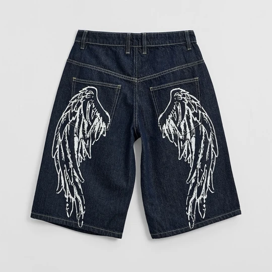 Zdjęcie produktu Ciemnogranatowe szorty jeansowe typu jorts z nadrukiem skrzydeł House niebieski