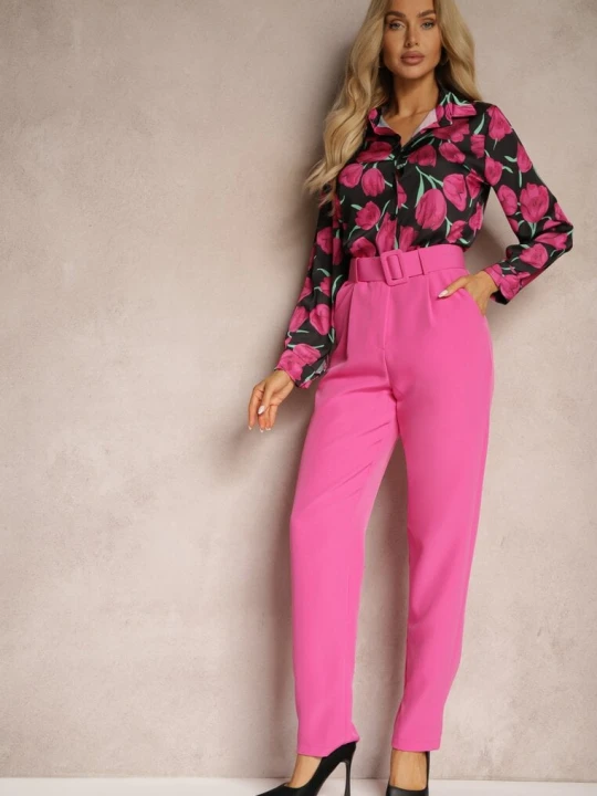 Zdjęcie produktu Ciemnoróżowe Spodnie Garniturowe High Waist z Paskiem Wenus Lily Rose Różowy