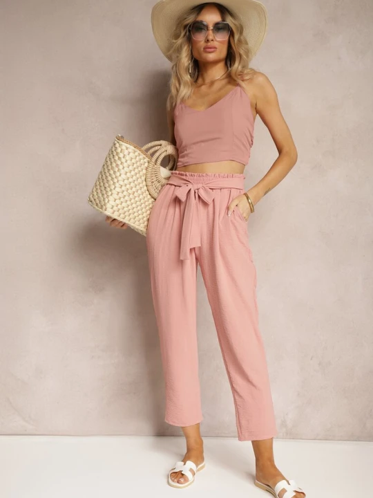 Zdjęcie produktu Ciemnoróżowe Spodnie High Waist Wiązane w Pasie Wykończone Gumką w Talii Dimixi H&s Różowy