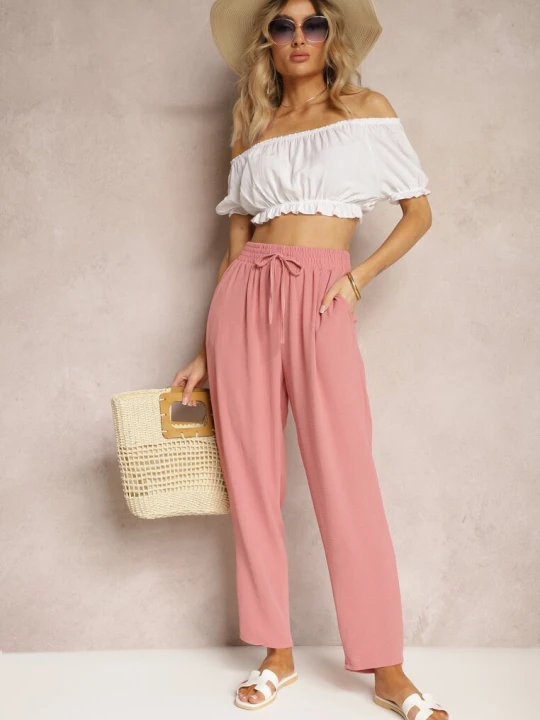 Zdjęcie produktu Ciemnoróżowe Spodnie Regular High Waist z Wiązaniem w Pasie Dimeca H&s Różowy