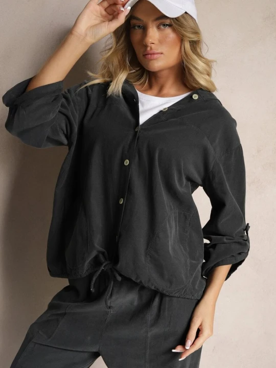 Zdjęcie produktu Ciemnoszara Koszula z Bawełny z Regulowanymi Rękawami i Kapturem Terresia New Collection Szary