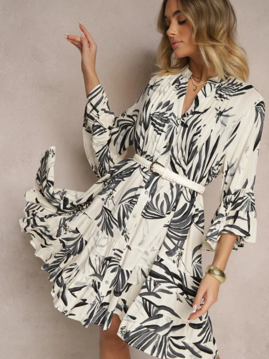 Zdjęcie produktu Ciemnoszara Rozkloszowana Sukienka z Wiskozy z Falbanami z Motywem Roślinnym Ridivaria M&d Fashion Szary
