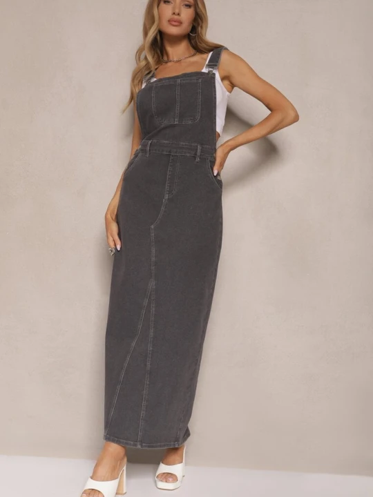 Zdjęcie produktu Ciemnoszara Sukienka o Kroju Ogrodniczki z Ozdobnym Rozcięciem Ralhira Hello Miss Szary