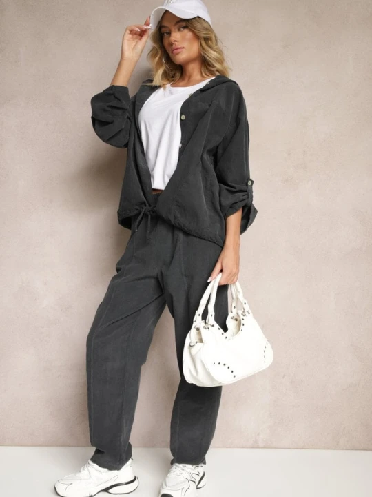 Zdjęcie produktu Ciemnoszare Bawełniane Spodnie High Waist w Klasycznym Stylu Arivora Palma Szary
