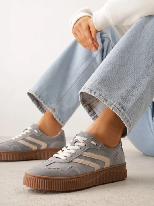 Zdjęcie produktu Ciemnoszare Sneakersy Retro Tenisówki z Naturalnego Zamszu ze Skórzaną Wkładką Beralene Santorio Szary