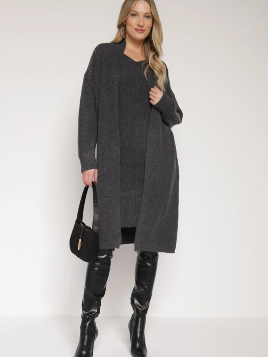 Zdjęcie produktu Ciemnoszary Komplet Dzianinowy z Wełną Długi Kardigan i Sukienka w Prążki Falandrea J&x