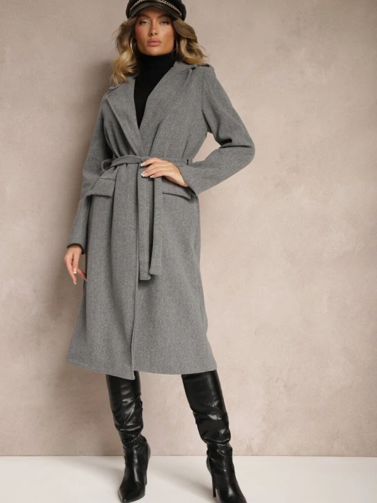 Zdjęcie produktu Ciemnoszary Taliowany Płaszcz z Wiązanym Paskiem Seraphique New Collection