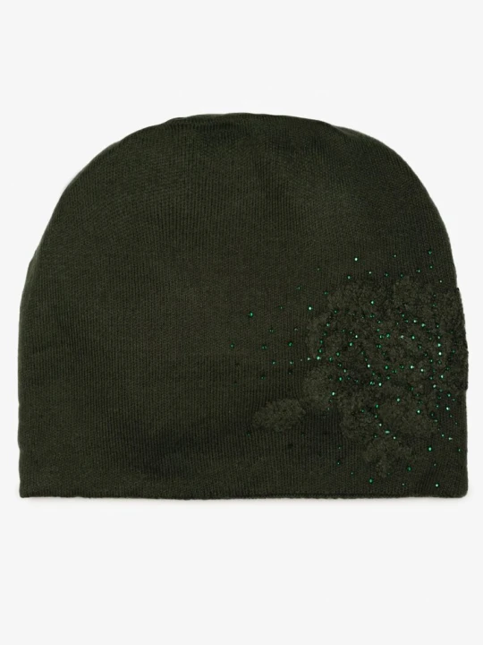 Zdjęcie produktu Ciemnozielona Czapka Beanie z Kaszmirem w Cyrkonie Roccio Zielony