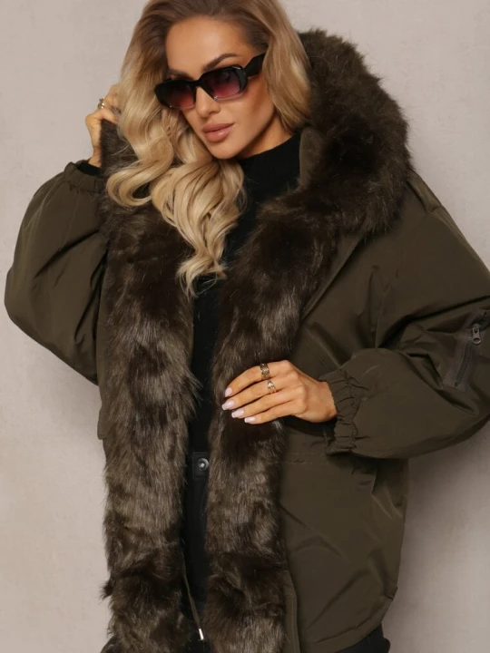 Zdjęcie produktu Ciemnozielona Kurtka Parka Oversize z Futerkiem Horelle Jus De Pom Zielony