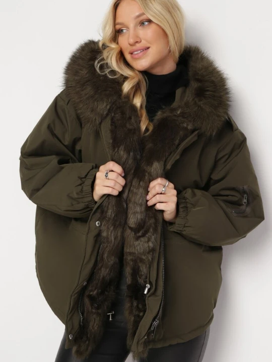 Zdjęcie produktu Ciemnozielona Kurtka Parka Oversize z Futerkiem Mitto Jus De Pom Zielony