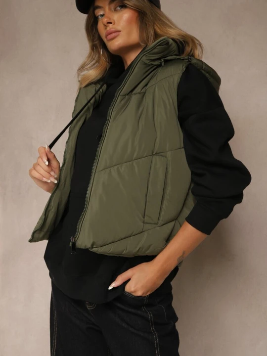 Zdjęcie produktu Ciemnozielona Pikowana Kamizelka Casual z Kapturem Olanissa J.style Zielony
