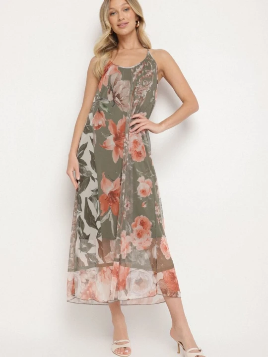Zdjęcie produktu Ciemnozielona Siateczkowa Sukienka z Wiskozą w Kwiatowy Wzór Izaleira New Collection Zielony