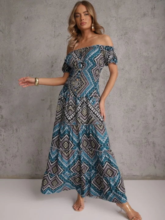 Zdjęcie produktu Ciemnozielona Sukienka Hiszpanka Boho z Bawełny z Gumką w Talii Lovedia Airisa Zielony
