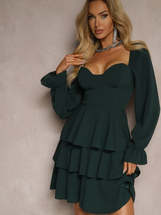 Zdjęcie produktu Ciemnozielona Sukienka o Rozkloszowanym Kroju z Falbanami i Bufiastymi Rękawami Semiella Fashion Zielony