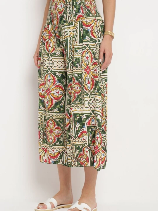 Zdjęcie produktu Ciemnozielone Bawełniane Spodnie Culotte z Wysokim Stanem i Gumką w Talii w Boho Stylu Olovia Defox Zielony