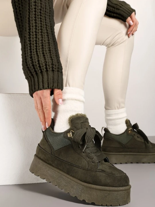 Zdjęcie produktu Ciemnozielone Sneakersy na Grubej Podeszwie Ocieplane Futerkiem Tifitana Zielony