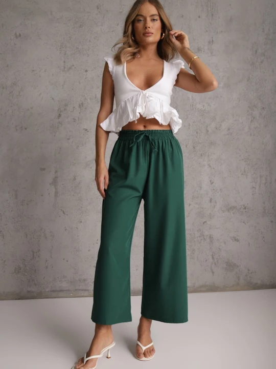 Zdjęcie produktu Ciemnozielone Spodnie High Waist z Szerokimi Nogawkami z Wiskozą Wykończone Gumką w Talii Crisantas Defox Zielony