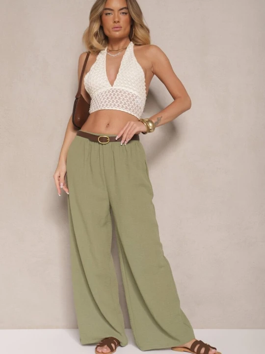 Zdjęcie produktu Ciemnozielone Spodnie Palazzo o Szerokim Kroju High Waist Ollevia H&s Zielony