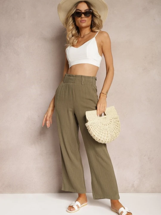 Zdjęcie produktu Ciemnozielone Spodnie Regular w Prążki High Waist Sallamia Melya By Melody Zielony