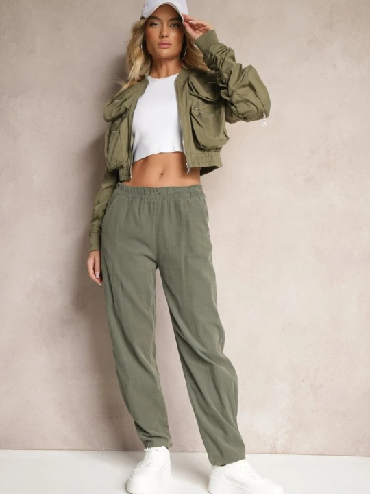 Zdjęcie produktu Ciemnozielone Spodnie z Bawełny High Waist Galili Palma Zielony