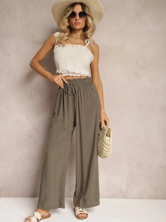 Zdjęcie produktu Ciemnozielone Spodnie z Bawełny High Waist z Szerokimi Nogawkami i Gumką w Pasie Clisea Airisa Zielony