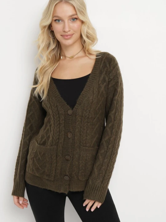 Zdjęcie produktu Ciemnozielony Kardigan z Dekoltem w Serek w Warkoczykowy Splot Mallak Wool Fashion