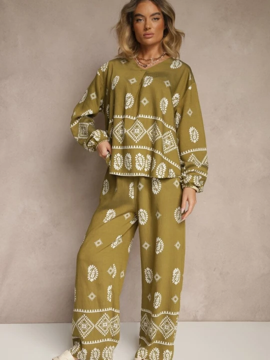 Zdjęcie produktu Ciemnozielony Komplet w Stylu Etno Spodnie z Gumką w Pasie i Bluzka Oversize Eviralyn J&x
