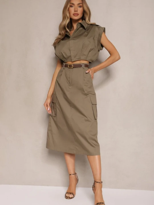 Zdjęcie produktu Ciemnozielony Komplet w Stylu Utility Koszula Cropped Bez Rękawów i Spódnica z Kieszeniami Notcha Elsa.m By May